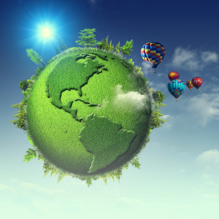 Green planet. Abstract eco backgrounds with blue skies, clouds a